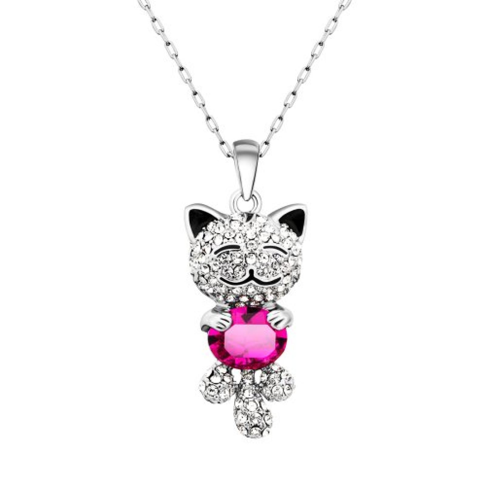Weihnachtsgeschenk Ninabox® "Lucky cat" Katze Kinder Mädchen Halskette Collier Edelstein SWAROVSKI ELEMENTS Kristall Anhänger österreichische kristall, rosa Garfield,Geschenk für Frauen Mädchen Geburtstagsgeschenk Modeschmuck Maneki-neko weiß vergoldet Da 